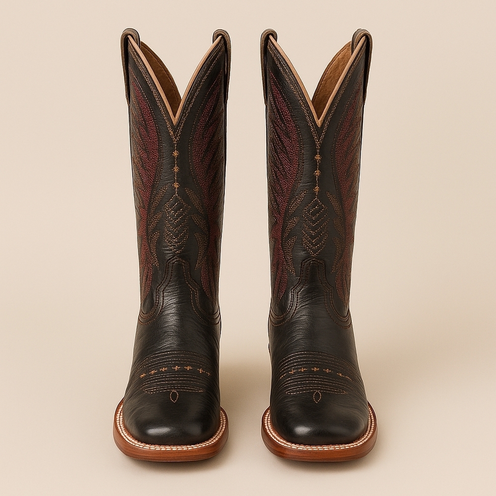 Ariat Vaquera Western Boots 8B Black Red Stitch Square Toe Cowgirl Ranch Core 🤠 - Picture 2 of 10